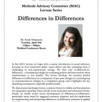 Academic flyer for a University of Maryland lecture titled "Differences in Differences" by Dr. Sarah Tahamont, scheduled for Tuesday, April 14th, from 1:30pm to 3:00pm in the Wellford Conference Room