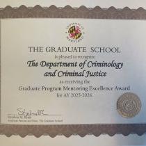Certificate of  Graduate Program Mentoring Excellence Award