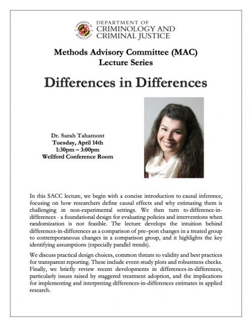 Academic flyer for a University of Maryland lecture titled "Differences in Differences" by Dr. Sarah Tahamont, scheduled for Tuesday, April 14th, from 1:30pm to 3:00pm in the Wellford Conference Room