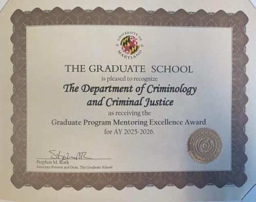 Certificate of  Graduate Program Mentoring Excellence Award
